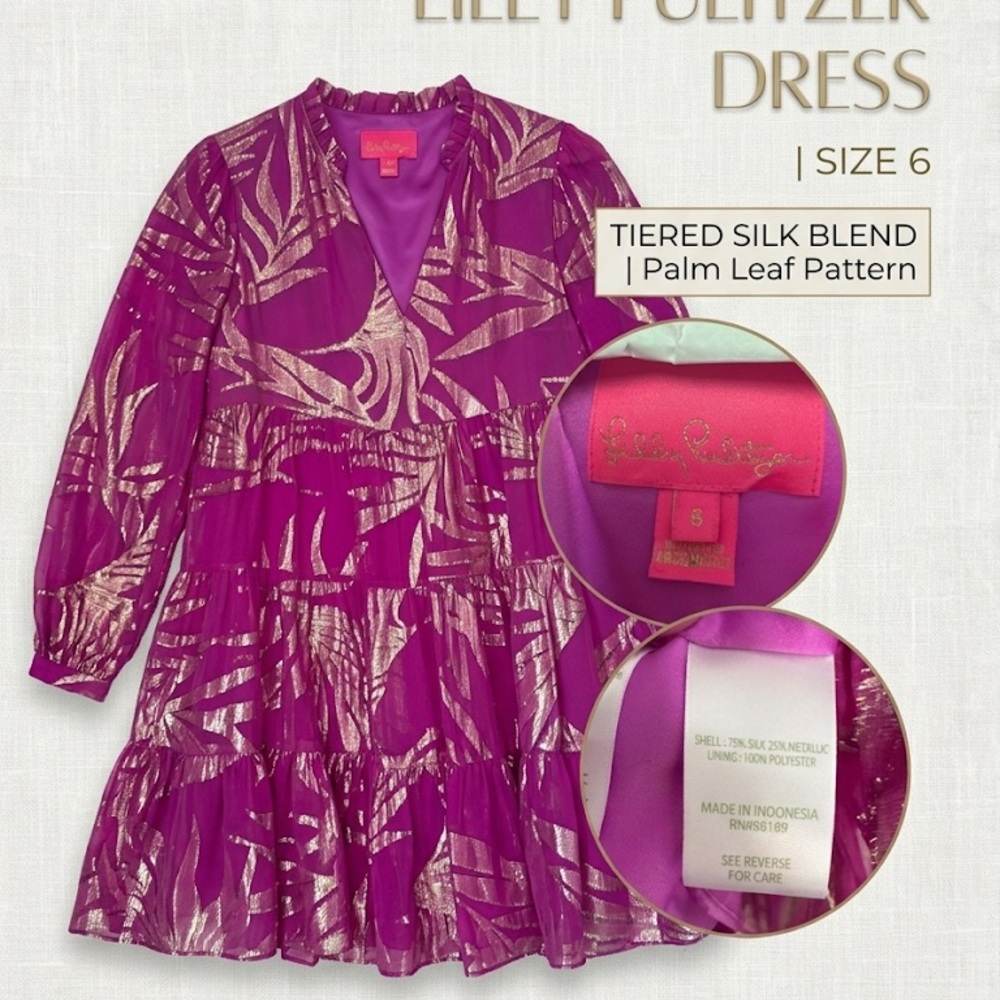 Lilly Pulitzer Fuchsia Purple Dress with Gold Palm Leaf Print